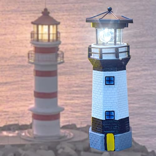 YZYOE Schwarz-Weiß-Solar-Leuchtturm, Rotierende LED-Leuchtturm Dekorative Lichter, Hof wasserdichte Landschaft Lichter, Outdoor Solar Lichters Harz Handwerk als Geschenke für Freunde.