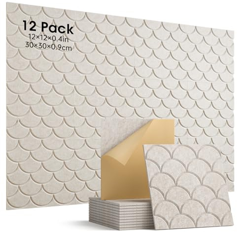 Woovio Acoustic Wall Panels, 12 Pack Self-Adhesive Sound Proofing Panels, High Density Sound Dampening Panels For Door Ceiling Recoding Studio Gaming Room 30x30x0.9cm Beige