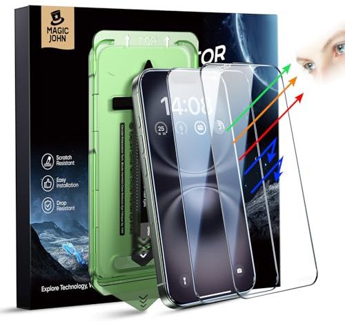 MAGIC JOHN 2 Stück für iPhone 15 Plus/ 16 Plus (6,7 Zoll) Displayschutz Augenschutz Anti-Blaulicht, HD Klar, Auto Dust-Elimination, 9H-Gehärtetes Glas & Kratzfest, Vollständige Kantenabdeckung
