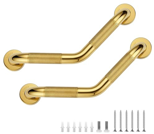 Grab Bars for Bathtubs and Showers- 1-1/4 x 16 Angled Shower Grab Bar for Seniors Knurled Stainless Steel Handicap Grab Bars for Wall (Gold, 2 Pack)