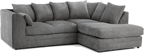 L Shaped Sofa Settee - Dylann Corner Sofa Set - Value 4 Seater Right or Left Hand Facing Suite Couches - Comfy Jumbo Cord Scatter Back Sofas Collection for Lounge Indoors Decor (Grey, Right Hand)