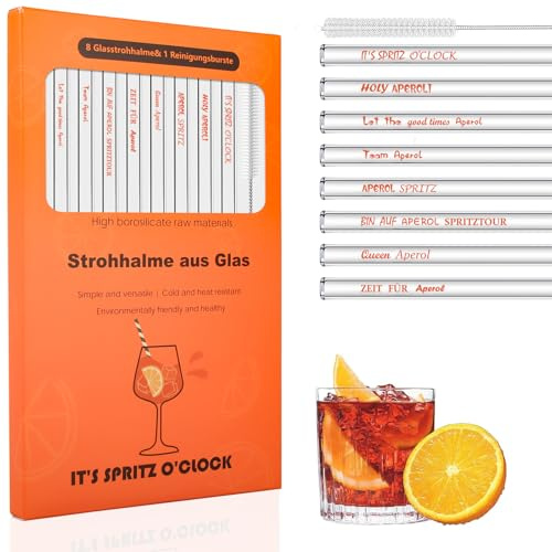 8 Stück Aperol Glas Strohhalme mit Aperol Spritz Sprüche, Aperol Spritz Geschenkset, 20cm Wiederverwendbare Glasstrohalm für Cocktails, Smoothie und Säfte, Transparent Φ8mm (Trinkhalme Glas)