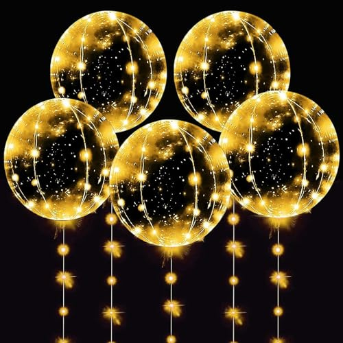 Lot de 5 ballons lumineux Bobo LED de 61 cm - Transparents - Avec guirlande lumineuse de 3 m à 30 LED - Blanc chaud - Pour anniversaire, mariage, Saint-Valentin, Noël