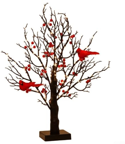 ZMdooreasy Arbre lumineux vintage à LED avec cardinaux alimenté par piles 53 cm Noir Lumières scintillantes Noël Halloween Décoration de vacances d'intérieur ou d'extérieur
