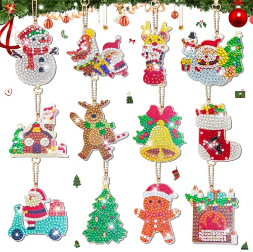 JESWEI Diamond Painting Weihnachten 12 Stück Doppelseitiger 5D DIY Set Diamond Painting Adventskalender Kinder Diamond Painting Anhänger Weihnachtsbaum Deko