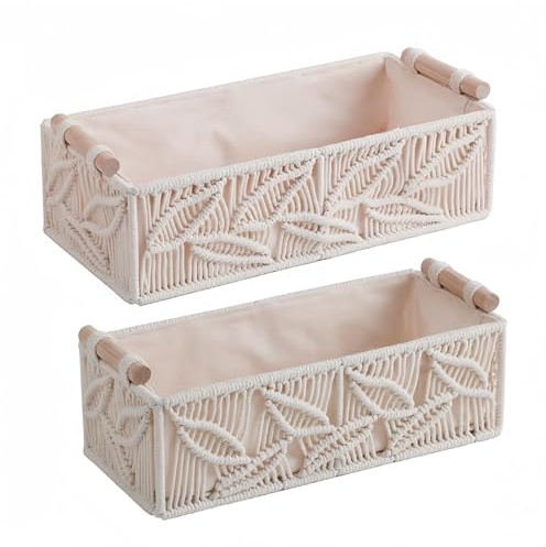 Makramee Aufbewahrungskörbe 2er Set, Handgewebte Böhmische Körbe Mit Holzgriff Für & Schrank, Deko Aufbewahrung Für Wohnzimmer, Schlafzimmer, Kinderzimmer, Bad