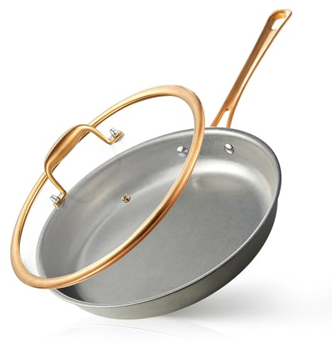 KOKHUB 28cm Edelstahl-Bratpfanne mit Deckel, Tri-Ply Induktionspfanne | Unbeschichtete, Ofenfeste Steelpfanne mit Kupfergriff, Retro Stahlpfanne für Steak, Omelett & Alltagskochen