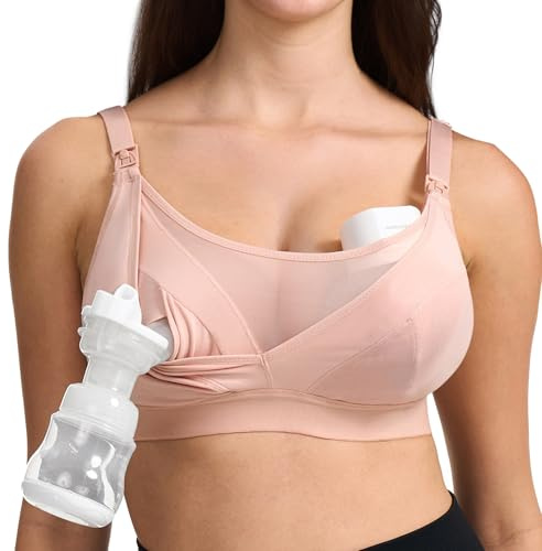 momcozy mesh-stödpump-bh handsfree för 36C-44G – bekväm amnings-bh i plusstorlek, pumpar och amning i ett, Ostronrosa, L