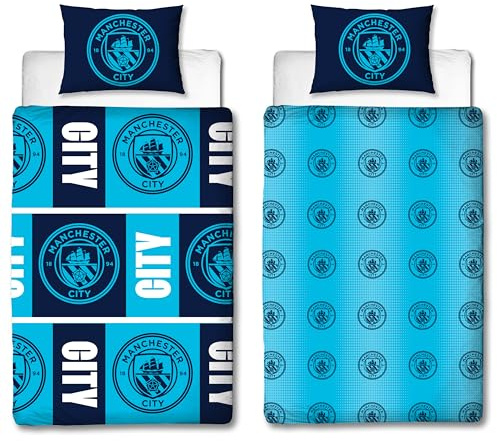 Manchester City FC Official Single Duvet Cover Set | Flashy Design | Blue Reversible 2 Sided Football Bedding Cover Official Merchandise Including Matching Pillow Cases | Polycotton