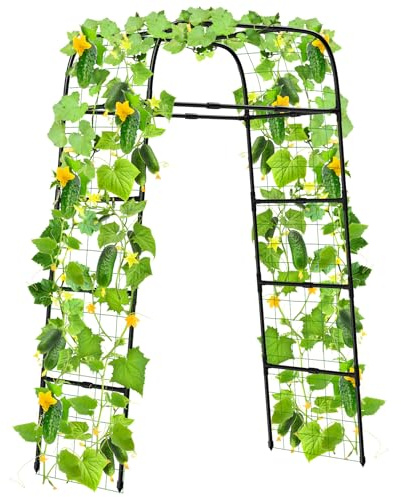 MYMULIKE Garden Trellis Arch, 210cm PP-Coated Stainless Steel Metal Extra Tall Cucumber Trellis Arch Garden Arch Trellis for Climbing Plants Outdoor Vegetable Trellis with Trellis Netting