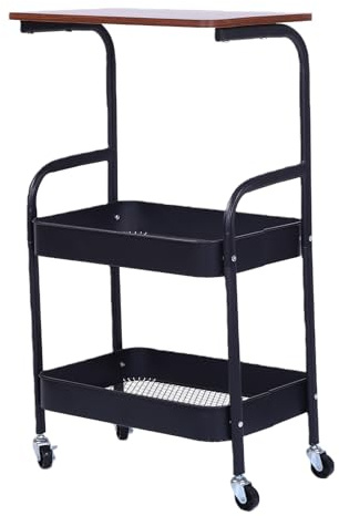 Luocute Carrello con Rotelle a 3 Livelli, Robusto Carrello Multiuso in Metallo con Piano in Legno e 4 Ruote Bloccabili, Organizer Mobile per, Ufficio, Camera da Letto, con Rotelle con