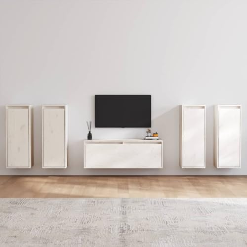 Tonture Meubles TV 5 pièces Blanc Bois Massif de pin Meuble TV Suspendu Mural avec tiroir et Niche Rangement pour Salon Chambre Design Moderne scandinave et Industriel