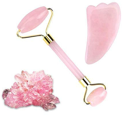 DEWIN Pierre Quartz Rose Naturelle, Pierre Rafraichissante Jade Roller Quartz Rose Visage, Gua Sha avec Rouleaux à Double Extrémité pour le Massage du Visage