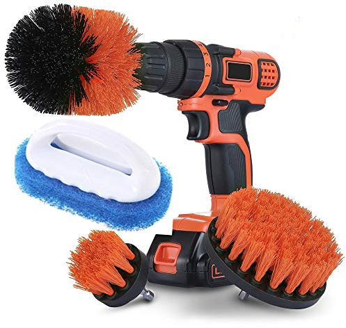 Drillbrush - Kit de limpieza multiusos para superficies de cocina, bañera, ducha, azulejos y lechada (cepillo rojo + almohadillas azules)