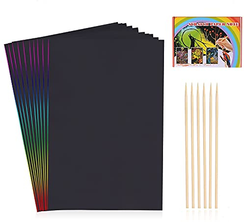 HellDoler Kratzbilder für Kinder,Kratzpapier Kinder 60 Blätter Regenbogen Kratzpapier zum Zeichnen und Basteln mit Schablonen, Holzstiften (60PCS)
