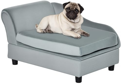 PawHut Dog Sofa with Storage, Pet Chair for Small Dogs, Cat Couch with Soft Cushion, Light Grey, 76 x 45 x 43 cm