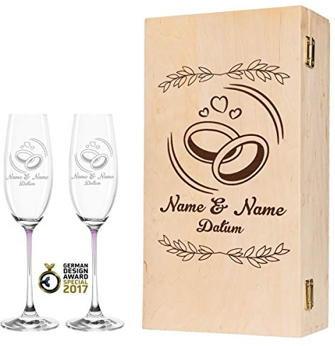 Leonardo - Set di calici da spumante La Perla in esclusiva – Wedding Rings Design – Regalo di nozze personalizzato per la coppia di sposi – regalo di nozze colore rosa