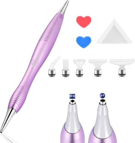 Benote Metal Diamond Art Pen - Ergonomic 5D Art Drill Sticky Tool With Multi Replacement Heads and Wax (Purple)