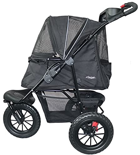 Petique Chinook Schwarz | Luxuriöser Hundebuggy | Vorder- und Hinterräder (30 cm) aus Eva für zusätzlichen | Komfort Reflektierendes Band Für Haustiere bis zu 23 kg