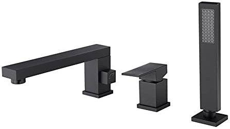3 Loch Wannenrandarmatur mit Ausziehbarem Handbrause Einhandmischer Kalt und Kalt Badewannenarmatur mit Handbrause Wasserhahn Badewanne Armatur Multifunktions 180 Dreh-Schwarz-A