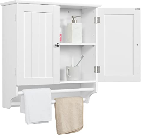 Yaheetech Armario Baño Pared Armario Cocina Colgante con Toallero 60,5x22,5x64 cm Mueble Baño Suspendido de Madera Blanco
