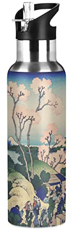 Mnsruu Fleur De Cerisier Sakura Japonais Isotherme Bouteille d'eau avec Paille, Gourde Sport en Acier Inoxydable 600ML Gourdes sans BPA pour Enfant Garçon Fille École Bureau