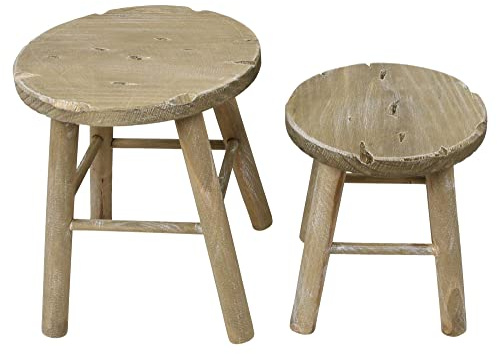 FRANK FLECHTWAREN Holzhocker Rund, 2er Set, rustikales Design, Pinienholz mit dezentem Antikfinish, Maße: Ø 25 x 28 cm, Ø 30 x 34 cm