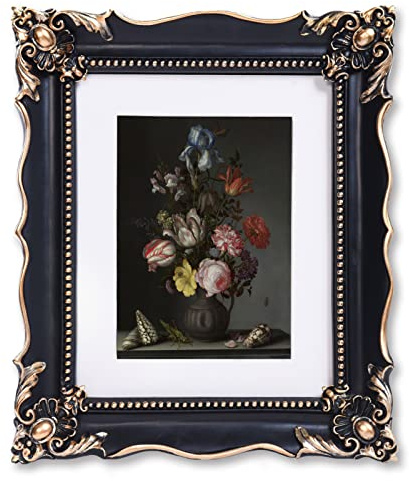 Saysmile 8x10 Vintage Picture Frame with Embossed Flower Design, Black Ornate Frame for 8x10 or 5x7 Pictures with White Mat, Hand-Crafted Resin Antique Frames for Tabletop & Wall Hanging, Home Decor (Black)