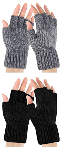 SATINIOR 2 Pares Guantes de Punto Térmicos sin Dedos Mitones Cálidos de Medios Dedos para Invierno Hombre (Negro, Gris Claro)