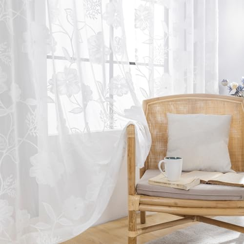 Treatmentex Spitze Vorhang Jacquard Gardinen mit Ösen Weiß 3D Blumenmuster Halbtransparente Vorhänge Vintage Romantisch Dekoschal Ösenvorhänge für Mädchenzimmer Wohnzimmer,2 Stücke,140×180CM(B×H)