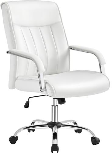 Yaheetech Ergonomischer Bürostuhl aus Kunstleder, gepolsterter Bürostuhl, neigbar, Sitzhöhe verstellbar, Belastung 136 kg, Weiß