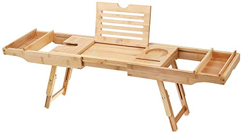 LARIAU Badewannen-Caddy & Laptop-Bett-Schreibtisch – 2-in-1-innovatives Design verwandelt unser 100% extra großes Bambus-Badewannen-Tablett in EIN Bett-Tablett – EIN oder Zwei Personen-Bad