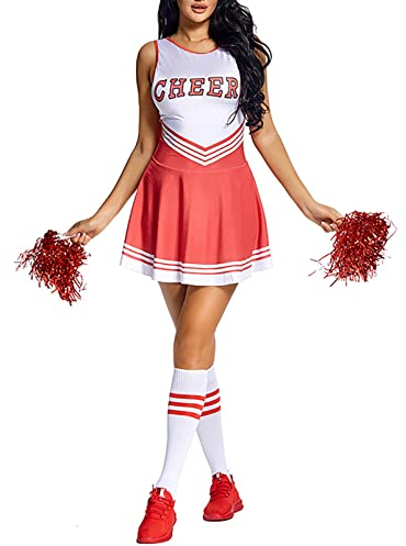 Alvivi Cheer Leader Kostüm Damen Cheerleading Uniform Schulmädchen Kleid mit Pompoms Socken Halloween Fasching Partykleid Rot S