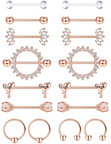 Kakonia 8Paar 14G Nippelpiercing für Damen Chirurgenstahl Schwarz Rosegold Silber Edelstah Glitzer Brustwarzenpiercing Herz Nippelringe Brustwarzen Zirkonia Set für Damen Heren