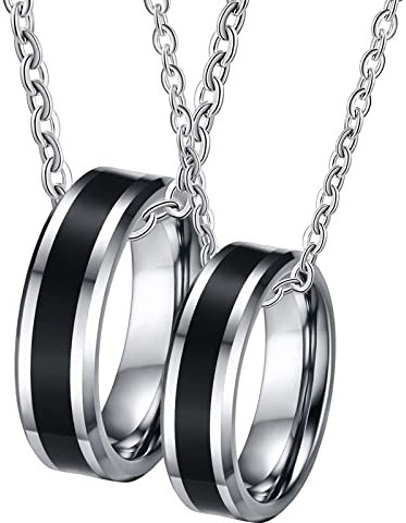 BCughia Partner Halsketten Anhänger, Partnerketten für 2 Halskette Personalisiert 6 mm Silberring mit Abgeschrägter Kante und Schwarzer Emaille Halsketten