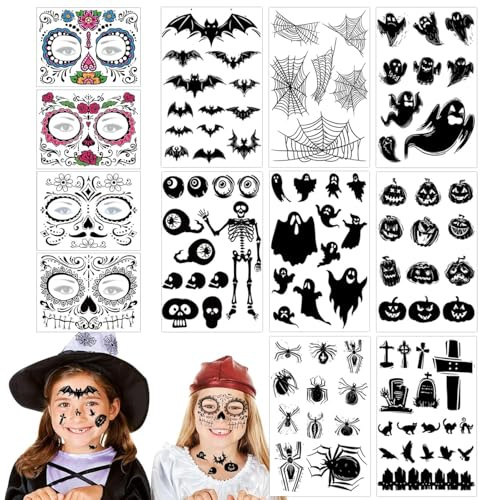 Halloween Spinnen Tattoo, 8 Blätter Halloween Temporäre Tattoo Aufkleber + 4 Halloween Tattoo Gesicht, Halloween Tattoos Aufkleber, Halloween Spinnennetz Tattoos für Halloween Kostüm Party