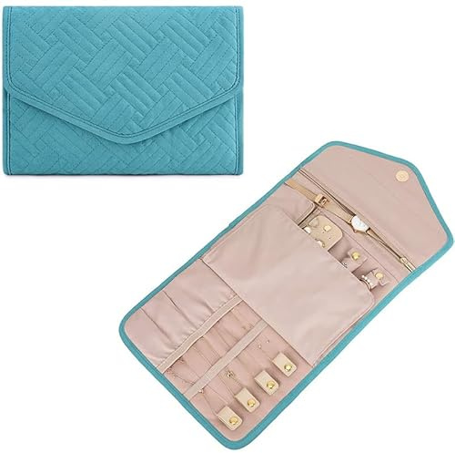 FUNSEED Organiseur de bijoux de voyage, pochette en polyester, portable, pliable, rouleau de rangement pour colliers, boucles d'oreilles, bagues