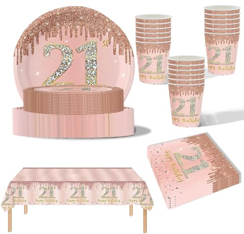 YaYaFunFun 69pcs Rose Gold 21st Birthday Party Tableware Set with 32P Paper Plates, 20P Napkins, 1P 21st Table Cloth, 16P Paper Cups for Women's Birthday Party Decorations