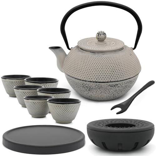 Bredemeijer Asia Teekanne Gusseisen Set 1.1 Liter - grauer Teekessel & Edelstahl-Filter für losen Tee & 6 Teebecher & Holz-Untersetzer & Teewärmer & Deckelheber