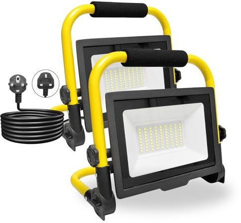 PICAA 2PCS 5000LM LED Work Light, LED Outdoor Flood Light, Job Site Lights, Plug in Folding Flood Light, Portable Stand Work Lights Floodlight for Car Repairing Home Workshop Garage, 6500K with Plug