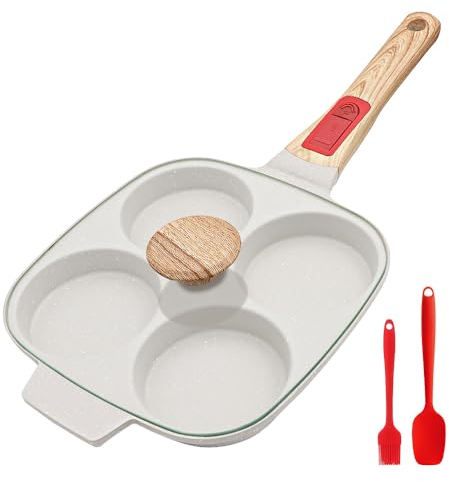 Bobikuke Egg Pan with Detachable Handle, Non Stick 4 Cup Pancake Pan with Lid Induction Burger Pan for Breakfast - White