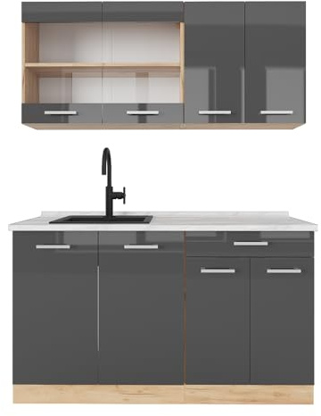 Vicco Singleküche R-Line, Anthrazit Hochglanz/Goldkraft Eiche, 140 cm, AP Marmor