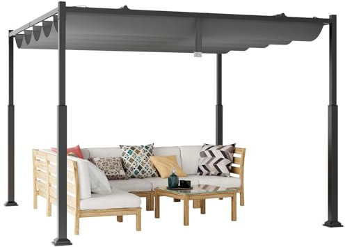 COSTWAY Pergola d'Extérieur 310 x 310 CM avec Auvent Rétractable, Abri Colonnes Métalliques Robustes Pavillon Moderne Pare-Soleil, Tonnelle pour Jardin Patio Terrasse Porche, Gris