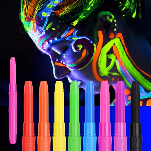 URAQT Ultraviolet Glow Face Paint, 8-färger Body Crayons Kit Giftfri ansiktsfärg med UV-lampa, Ansiktsmålningskritor för barn, UV-glödande neon Ansiktsfärg Stick Set för Carnival Halloween Cosplay