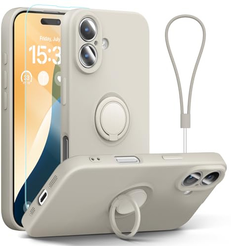 abitku for iPhone 16 Case with Ring Stand, Liquid Silicone Slim Design Support Magnetic Car Mount (with Wrist Strap Lanyard) Phone Cover for iPhone 16 6.1 inch (White Stone)
