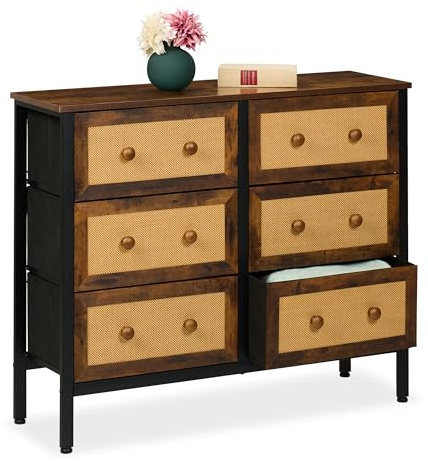 Relaxdays Kommode, 6 Schubladen, Rattan-Optik, Flur, Schlafzimmer, HBT: 83x100x32 cm, Sideboard, Metall, braun/schwarz | Schlafzimmer, HBT: 83x100x32 cm, Sideboard, Metall