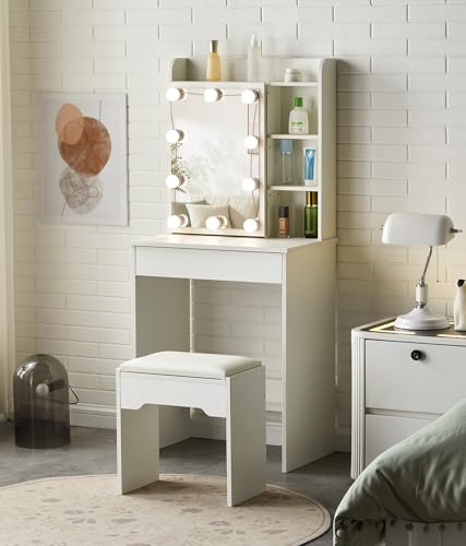 ZBAOLTO Weißer Schminktisch mit LED-Beleuchtung & Hocker, Holz | Verstellbarer Spiegel, 1 Schublade, Kleiner Schminktisc, Platzsparend 60x40x135cm, Kosmetiktisch für Schlafzimmer