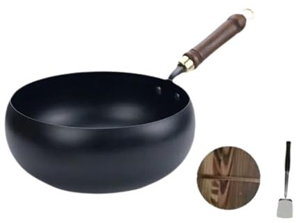perfk Wok chinois en fer, sauté avec poignée amovible, poêle à frire non revêtue, à fond rond pour Restaurant, cuisine à domicile, Couvercle En Verre