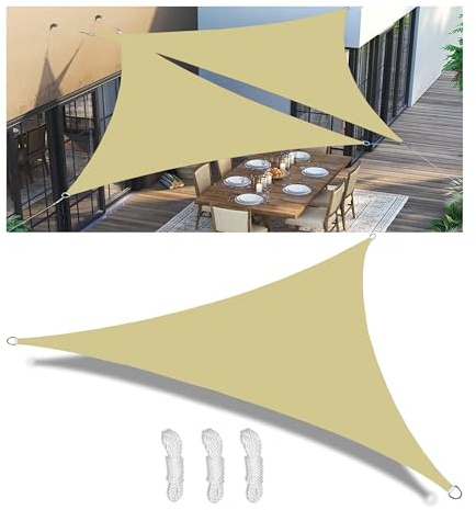 Tenda a Vela Ombreggiante Impermeabile Triangolare Protezione Raggi UV 98% Tenda da Sole Poliestere Antistrappo Con 3 Corde Fisse per Giardino Balcone Piscinae Terrazza Sabbia 3x4x5M