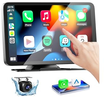 Pantalla Coche con A-pple CarPlay y Android Auto Inalámbrica con Cámara Trasera - HD Pantalla Carplay de 7 Pulgadas con Mirror Link - Portátil Radio Coche Bluetooth 5.0 con Asistencia de Voz/FM/AUX
